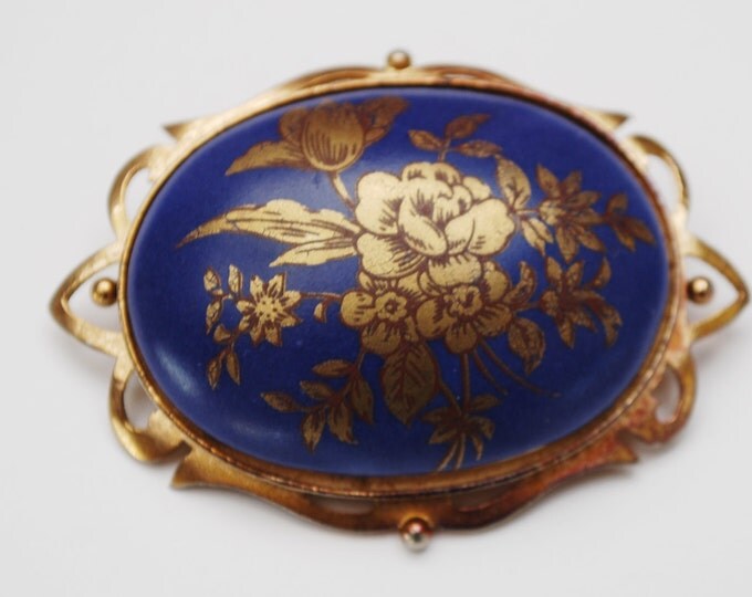 Blue Gold Flower Brooch -coblat blue Enamel gold floral - Victorian Revival Style - Oval domed gold ornate pin