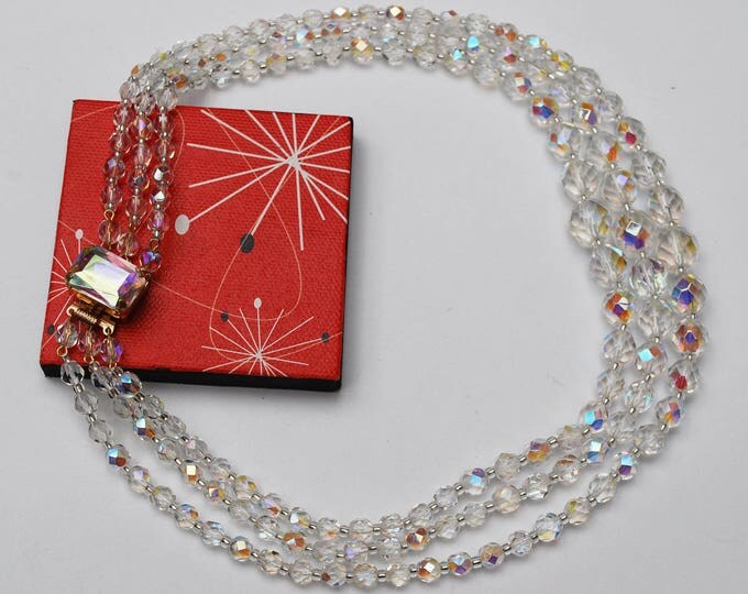 Crystal Bead Necklace - Graduated Triple multi strand - facet cut crystal glass beads - 17 inches - Aurora borealis