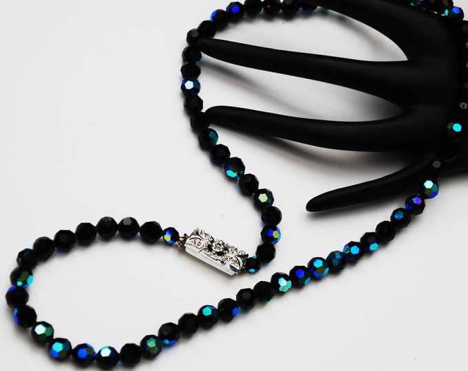 Black Facet cut glass bead necklace - Aurora Borealis -Silver rhinestone Clasp - 25 inches