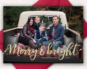 Custom Photo Christmas Card, Merry and Bright, Photo Holiday Cards, Printable Christmas Cards, Black Gold Christmas Cards Christmas Pictures