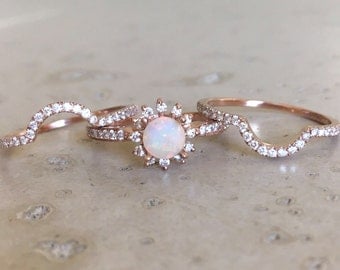 rose gold opal engagement ring set genuine opal engagement ring 14k floral engagement ring - Pearl Wedding Ring Sets rose gold opal engagement ring set genuine opal engagement ring 14k floral engagement ring - Pearl Wedding Ring Sets