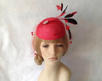 Red Kentucky Derby Fascinator Hat with Birdcage Dotted Veil, Melbourne Cup Hat, Derby Hats for Women, Spring Racing Hat, Ascot, Belmont