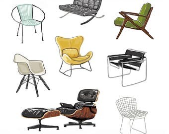 Mid Century Modern Chairs Illustration Print