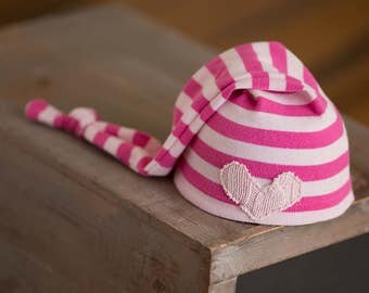 Newborn Hat Girl Upcycled Newborn Pink Striped Stocking Cap with Heart Ready to Ship Newborn Photography Prop Newborn Girl Props Newborn Hat