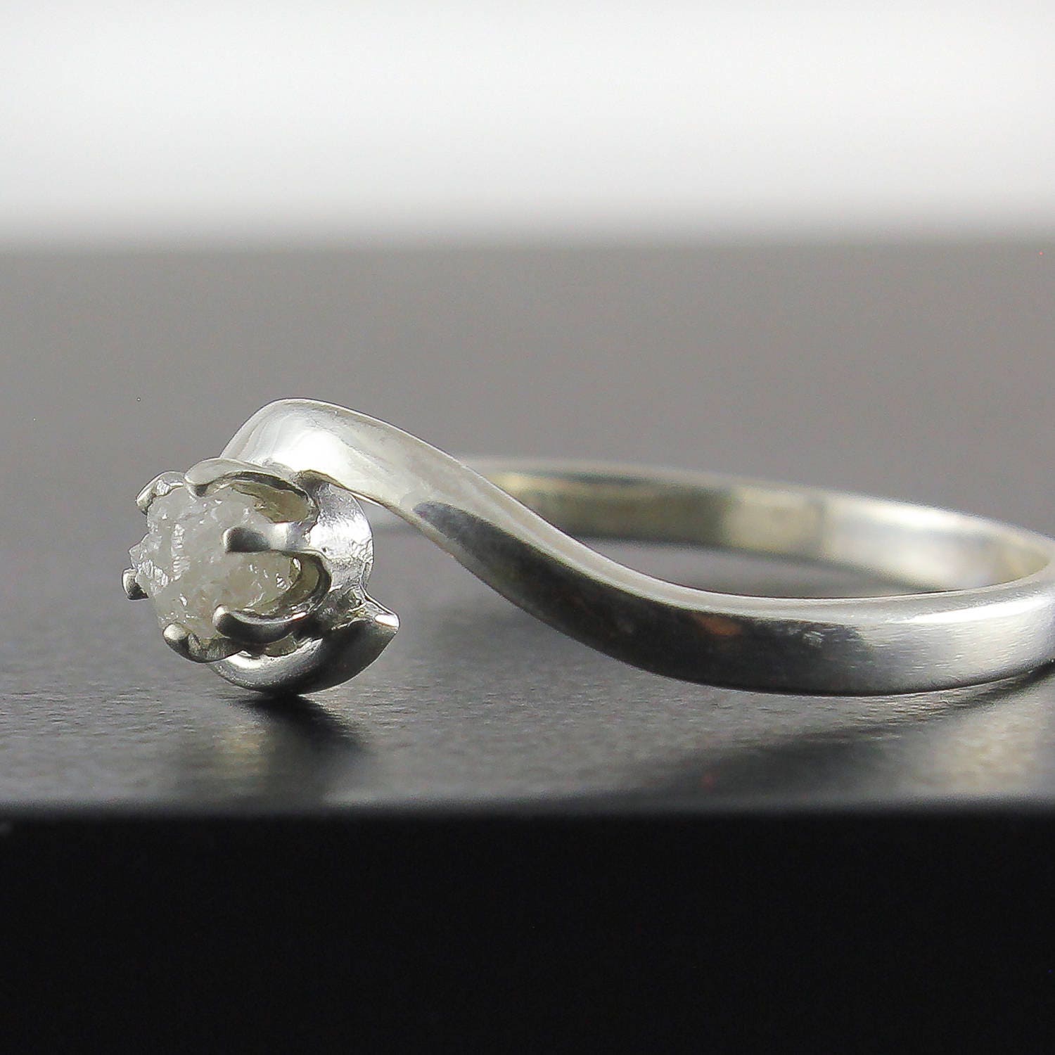 White Raw Diamond Engagement Ring on Sterling Silver 6 Prong