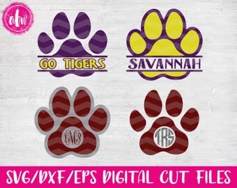 Split & Monogram Paw Print, SVG, DXF, EPS, Cut Files, Baseball, Basketball, Football, Volleyball, Soccer, Hockey, Vinyl, Tiger, Wolf