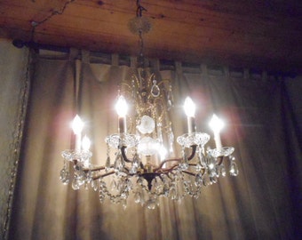 Enchanting European Or Spanish Brass & Crystal Chandelier 8 Light Ornate Assorted Prisms Captivating Vintage Hollywood Regency