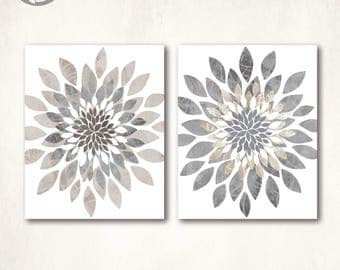Modern Flower Bursts Neutral Colors Fine Art Print Set of (2) 5x7, 8x10, 11x14 or 16x20 // Gray Tan Beige // Cottage, Home Decor - Unframed