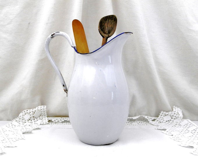 Antique Chippy Enamelware Pitcher from France, Enamel Jug / Vase, Rustic, Shabby, Chateau, Cottage, Chic, French, Country, Decor, Vintage