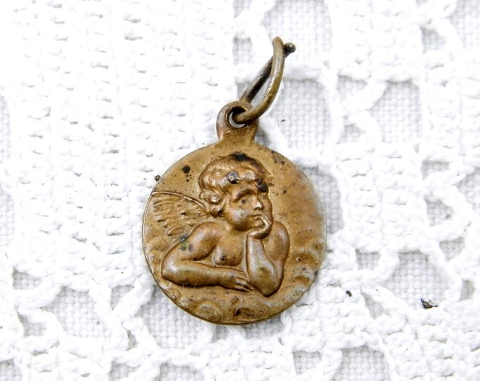 Small Antique French Brass Religious Medal of Angel, Cherub, Religion, Christian Jewelry, Catholic, Rosary, Shabby, Good Luck, Charm
