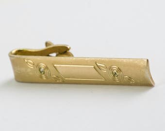 Vintage Tie Clip- Two Rhinestones on Art Deco Engraved Tie Bar (Gold Tone) Fall Formal Wedding, Groomsman, Mid-Century, For Him, For Dad