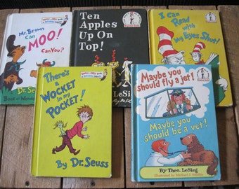 Dr. Seuss Books-5 Vintage Seuss Stories-Seuss Story Book Collection-Mr Brown Can Moo-Ten Apples on Top-Wocket In My Pocket-I can Read with