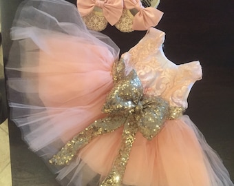 Princess Pageant Dress | Peach Pageant Dress | White Pageant Dress | Peach Tulle Dress | Peach Bow Dress | Bow Dress | Sequins Dress | Dress
