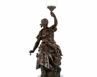 Large 38" H Antique Bronze Sculpture of Mother Holding Lamp and Child c. 1881