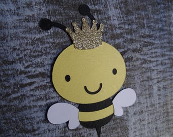 Set of 10 Bumble Bees with Gold Glitter Crown, King Bee