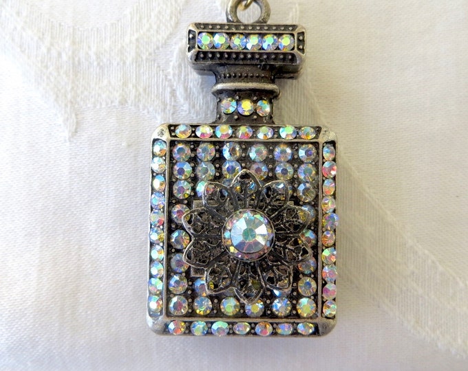 Vintage Perfume Bottle Necklace, Aurora Borealis Rhinestone and Filigree Metal , 24" chain