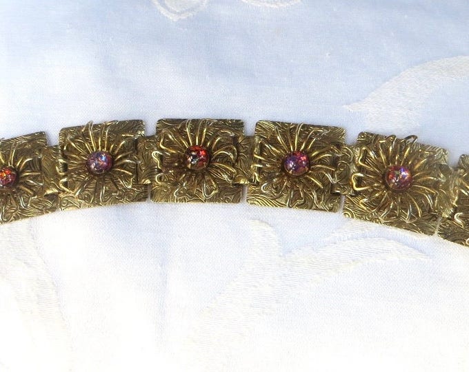 Vintage Dragons Eye Art Glass Bracelet. Fancy Antiqued Gold Book Chain, Wire Daisy Overlay, Faux Fire Opal Bracelet