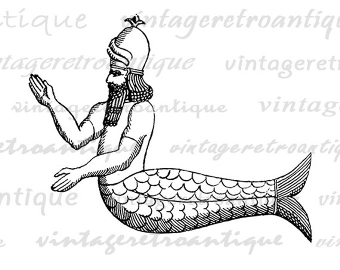 Mythical Merman Digital Printable Download Mermaid Graphic Image Antique Clip Art Jpg Png Eps HQ 300dpi No.499