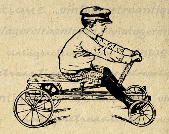 Old Fashioned Boy with Toy Car Digital Printable Graphic Childrens Wagon Image Download Antique Clip Art Jpg Png Eps HQ 300dpi No.1793