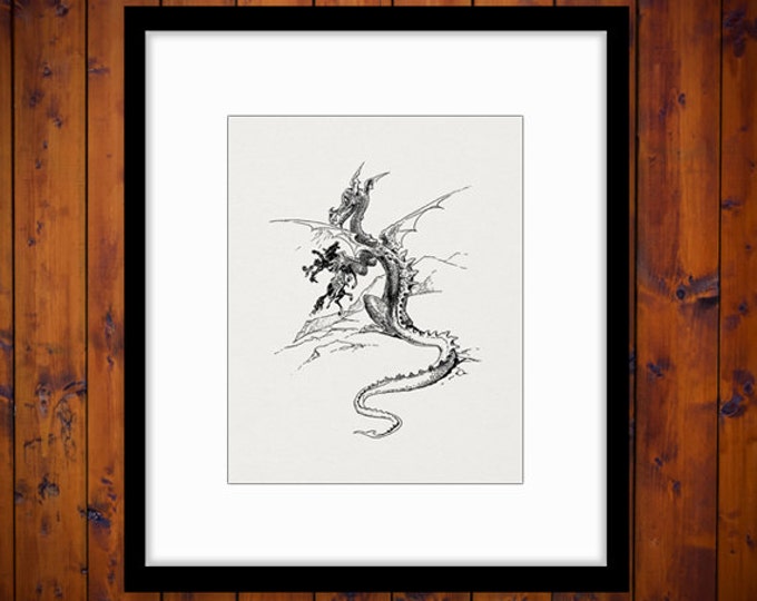 Digital Dragon with Knight Image Graphic Medieval Printable Download Antique Clip Art for Transfers Printing etc HQ 300dpi No.3091