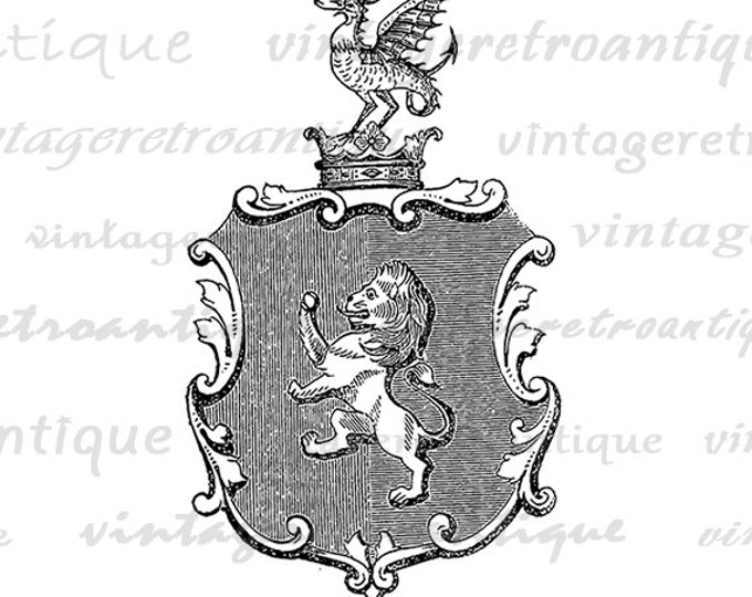 Lion Shield Printable Graphic Download Medieval Emblem Image Digital Antique Clip Art Jpg Png Eps HQ 300dpi No.740