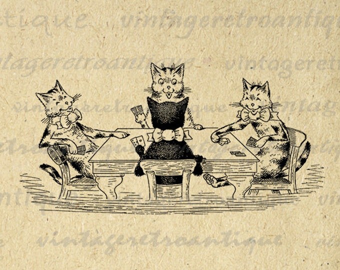 Cats Playing Poker Printable Image Download Kittens Card Game Graphic Digital Vintage Clip Art Jpg Png Eps HQ 300dpi No.2933