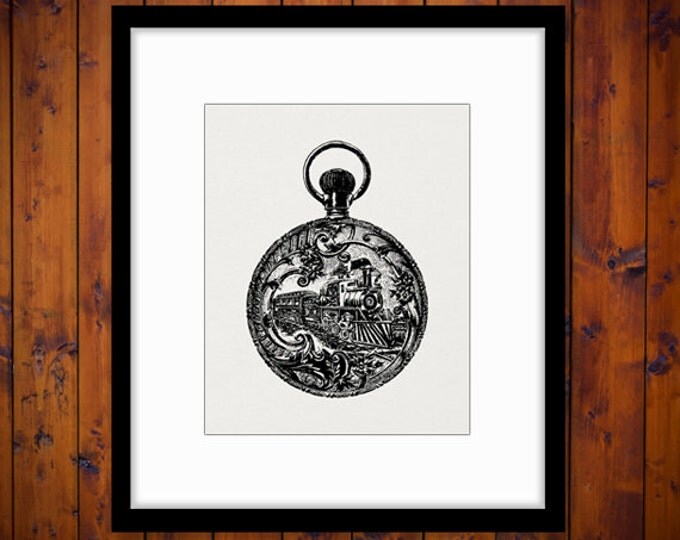 Antique Pocket Watch with Train Engraving Image Digital Download Graphic Printable Artwork Jpg Png Eps HQ 300dpi No.1687