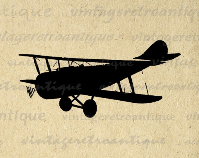 Airplane Silhouette Image Printable Digital Antique Airplane Graphic Plane Art Vintage Biplane Download for Transfers HQ 300dpi No.4666