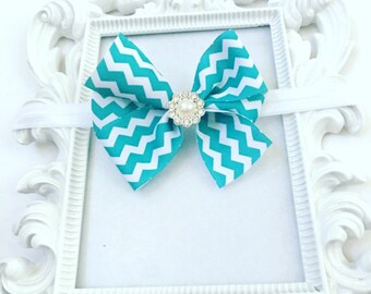 Teal And White Chevron Printed Hair Bow/Hairband, Babies Teal Hair Bow, Girl's Teal Custom Hair Bow, Teal And White Custom Hair Bows
