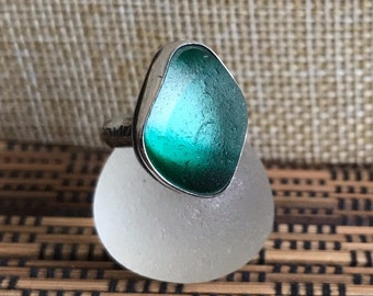 Handmade Sterling silver and sea glass ring - size UK L US 6
