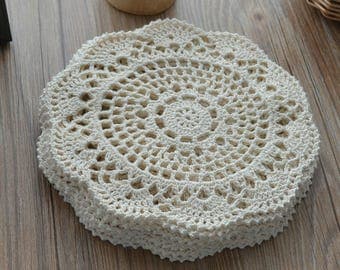 Dozen 8" Round Hand Crochet Lace Cream Doilies Cotton Floral Wedding Coasters Table Placemats Lot French country
