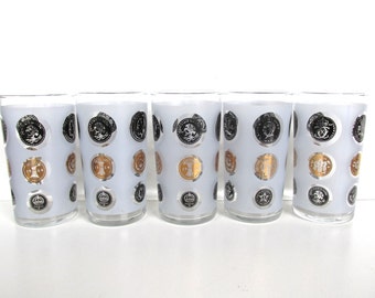 Set of 5 Libbey Gold Coin Tumblers, Hollywood Regency Frosted Highball Glasses, Black and Gold Coin Vintage Barware