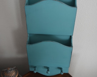Hand Painted Wood Mail Paper Sorter Wall Office Organizer ~ Distressed Aqua Blue ~ Nautical Home Shabby Decor