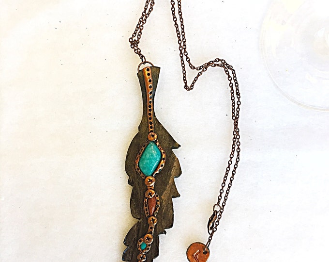 Amazonite, Goldstone and Turquoise Bronze and Copper Metallic Feather Large Pendant on Copper Chain, Boho Jewelry, Healing