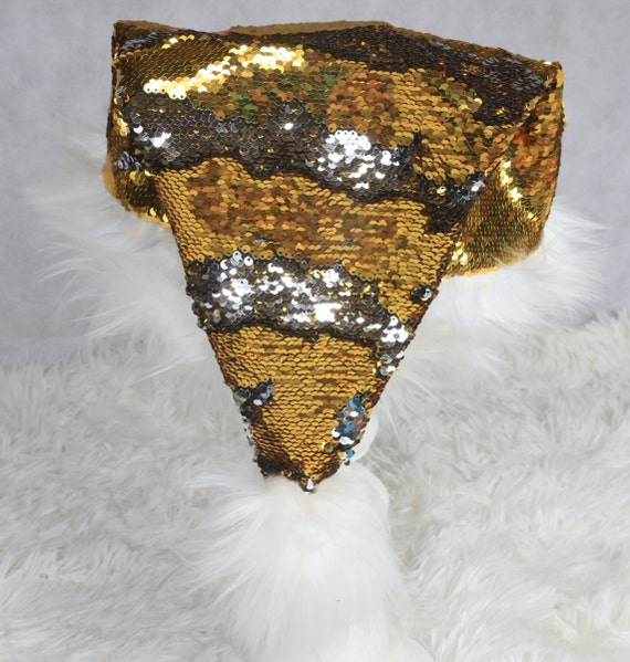 Santa Hat Gold Seqiuns Gold to Silver Sequins with White Fur