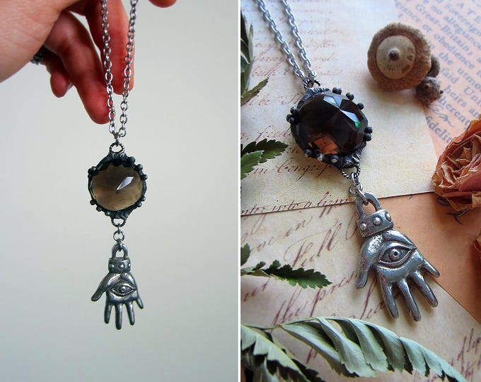 Necklace "Providence" with hamsa hand with eye pendant paired with gorgeous faceted smoky quartz. Custom length stainless steel chain.