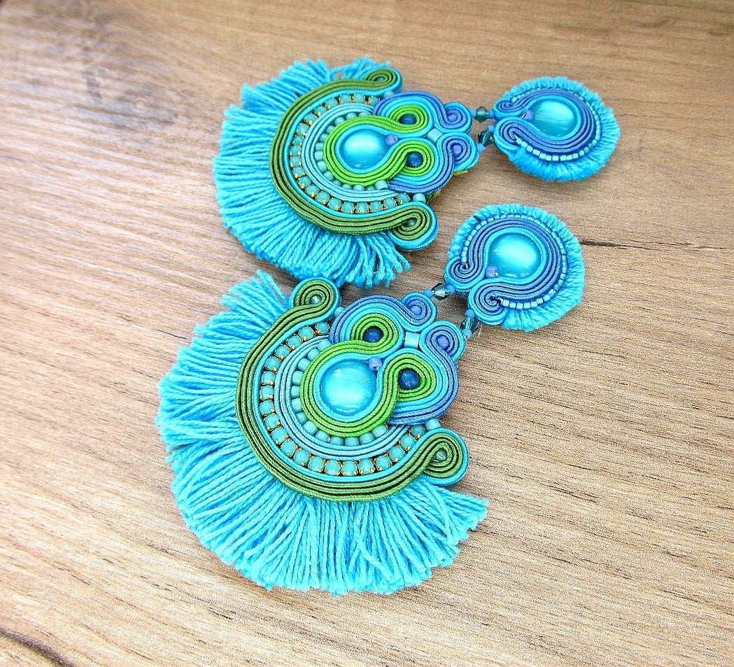Turquoise Tassel Earrings Long ClipOn Earrings Flamenco