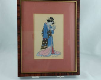 Vintage 1980's Framed Miniature Woven Silk Picture by Cash of Japanese Woman "Eishi " Gift for Her Collectible Art