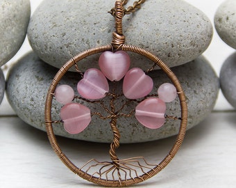 Tree-Of-Life Necklace Pendant 1.8" Copper Wire Wrapped Pendant Wired Copper Jewelry Wire Wrapped Modern Tree Pink heart, Valentine's Day
