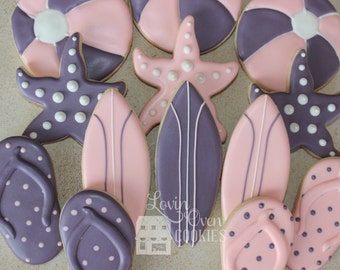 Beach Theme Starfish Decorated Sugar Cookies - 1 Dozen / Surf Boards / Sandals / Beach Ball