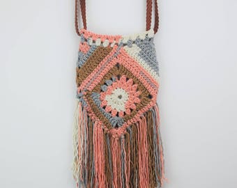 Crochet hobo bag, pink patchwork women's handbag, hippie style fringe bag, crochet mandala, bohemian summer tote, 1970s style accessory