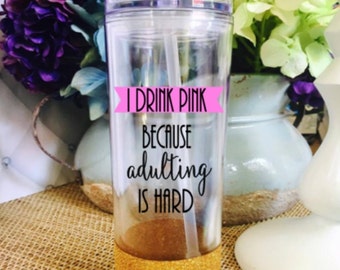 Pink Drink, Glitter Water Bottle, Water Bottle, Sports Water Bottle, Skinny Tumbler, Plexus, Plexus Water Bottle, Adulting is Hard