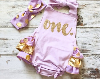 1st Birthday Romper- First Birthday Outfit Girl- Lavender and Gold Romper- 1st Birthday Girl Outfit- Birthday Romper- Gold Sequin Romper