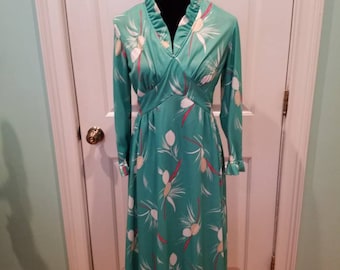 Vintage 70'S Green Floral Ruffle Dress