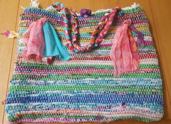 Bohemian beach tote rag rug purse rug beach bag woven rag