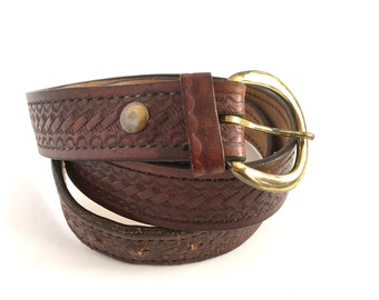 Vintage Western Leather Belt Mens Handtooled Basketweave Pattern Size 42 Brown Hipster Style Brass Buckle