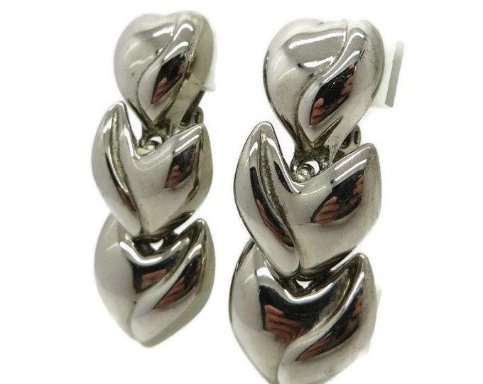 Dangling Heart Earrings - Vintage Fernando Originals Earrings, Silver Tone Clip-ons, Gift for Her, Gift Box