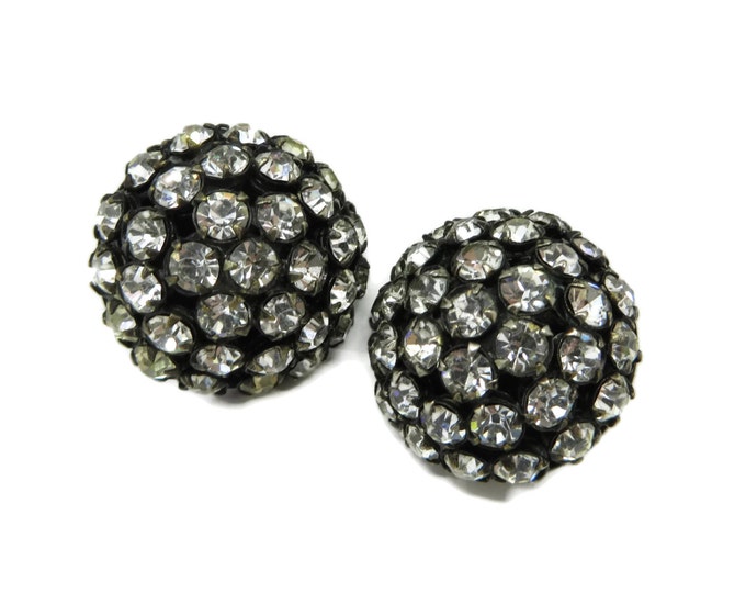 Sandor Rhinestone Button Earrings - Vintage Black Domed Rhinestone Button Clip-on Earrings