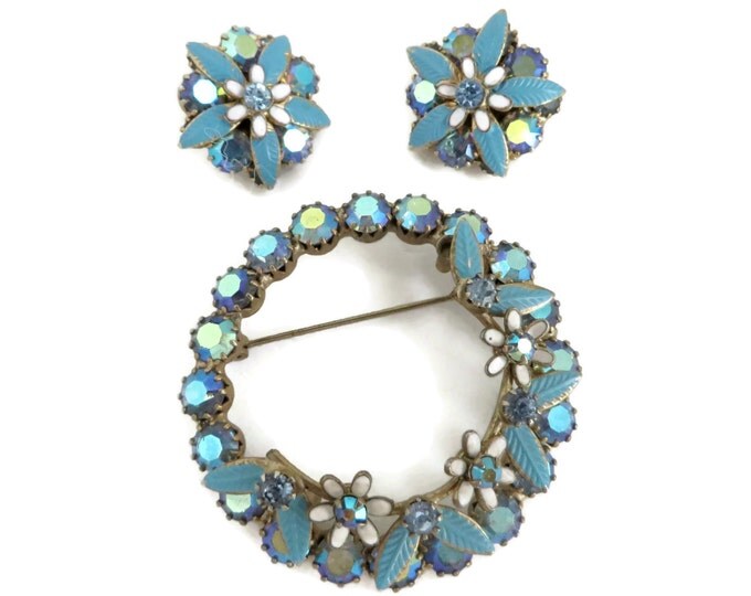 Weiss AB Rhinestone Flower Brooch Earrings Set, Vintage Demi Parure