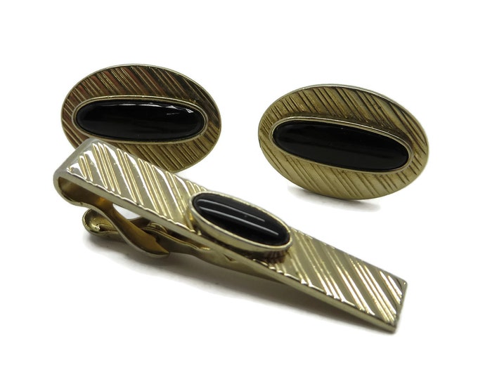 Swank Cufflinks Set, Vintage Onyx Cufflinks Tie Clip, Gold Tone Cufflink Set, Men's Suit Accessory, Gift for Him